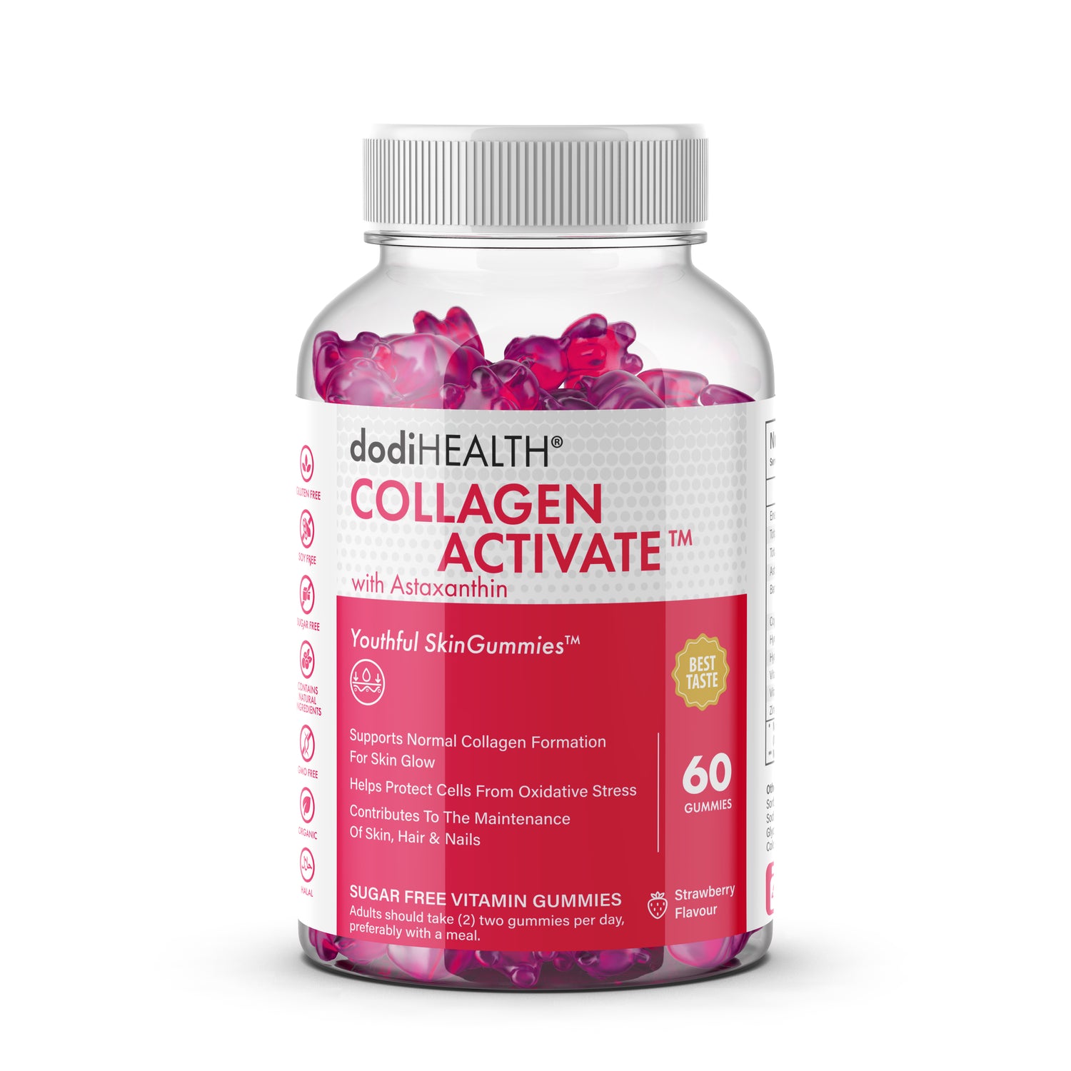 Collagen Activate Gummies by dodiHEALTH in a bottle, sugar-free strawberry-flavored supplements for skin health.
