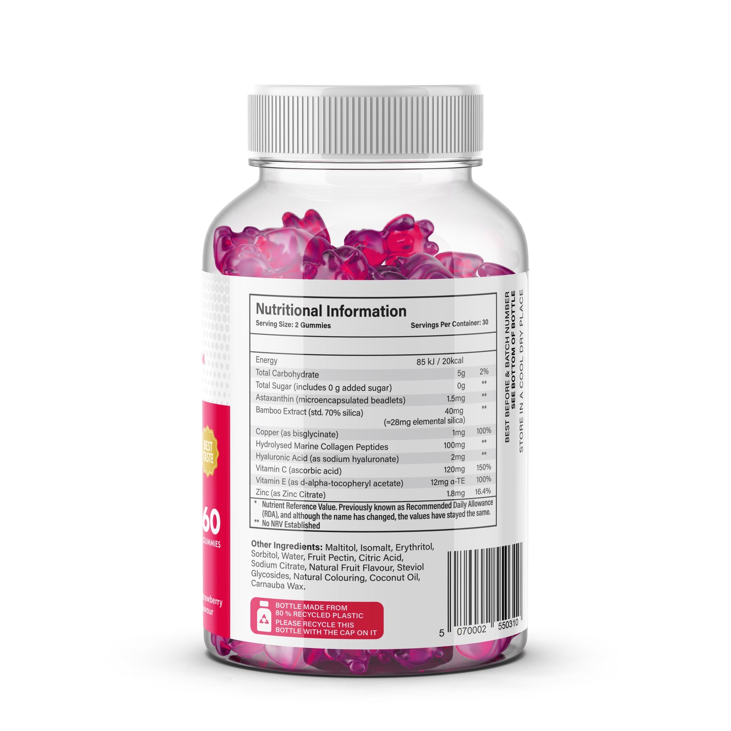 Collagen Activate Gummies bottle with strawberry-flavored gummies and nutritional information on the label.