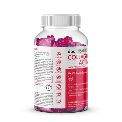 Collagen Activate Gummies by dodiHEALTH in a clear bottle, featuring strawberry-flavored supplements for skin health.