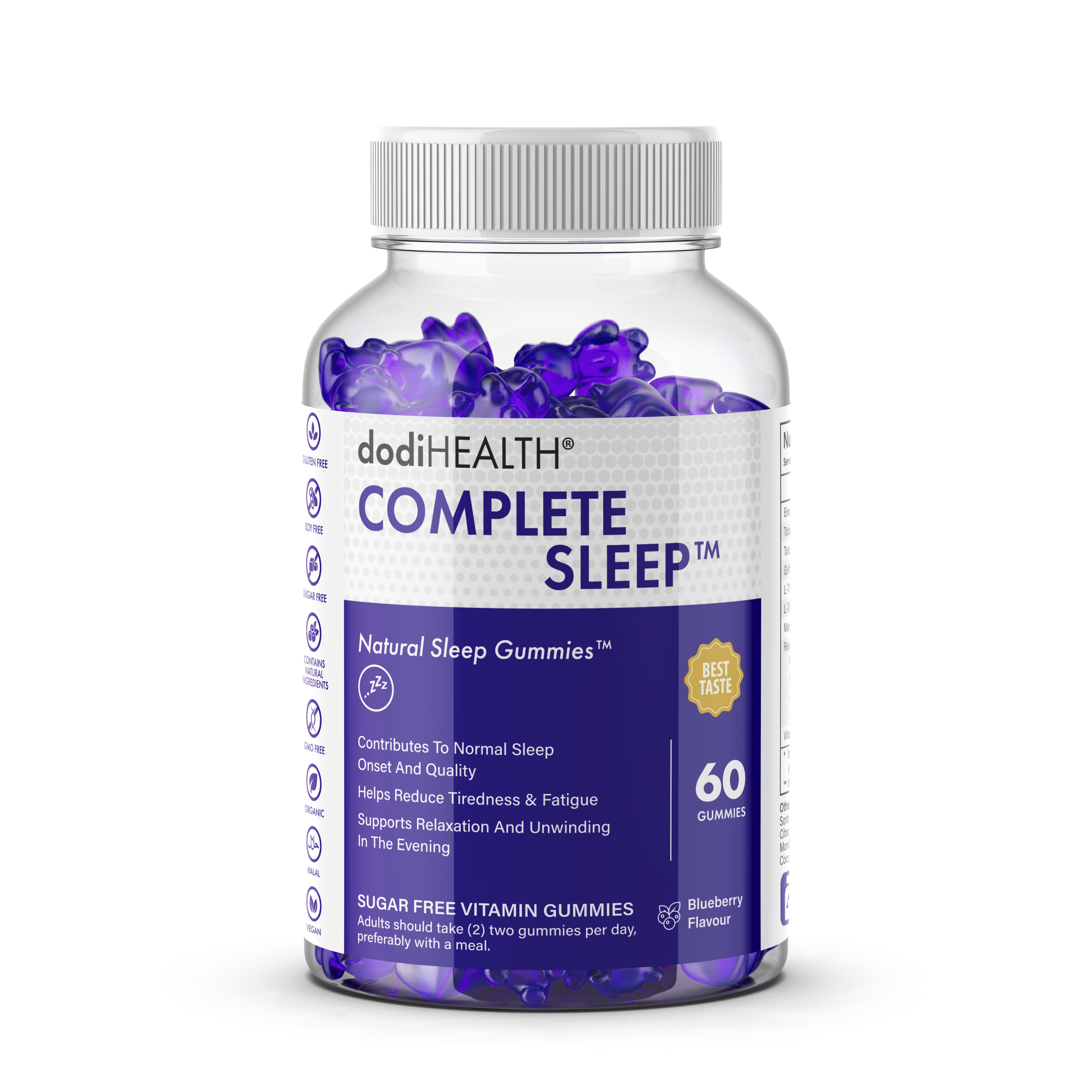 Dodi Health Complete Sleep Gummies bottle with 60 sugar-free sleep gummies for natural sleep support.