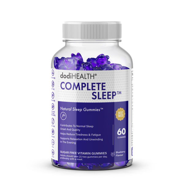 Dodi Health Complete Sleep Gummies bottle with 60 sugar-free sleep gummies for natural sleep support.