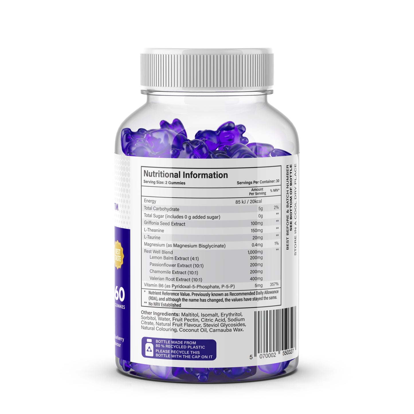 Complete Sleep Gummies nutritional information label showing ingredients and serving details.