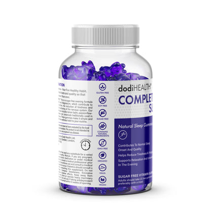 Complete Sleep Gummies bottle showing sugar-free natural sleep support from Dodi Health with soft purple gummies.