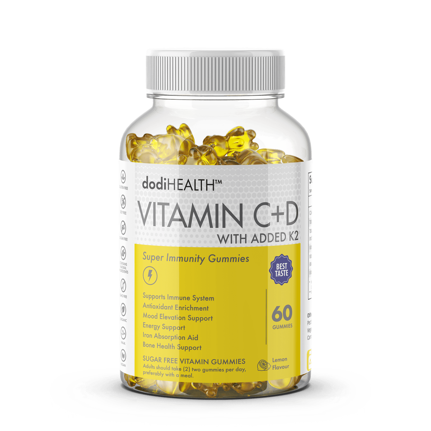 Dodi Health Vitamin C+D immunity gummies with added K2, sugar-free, supports immune and bone health, lemon flavor.
