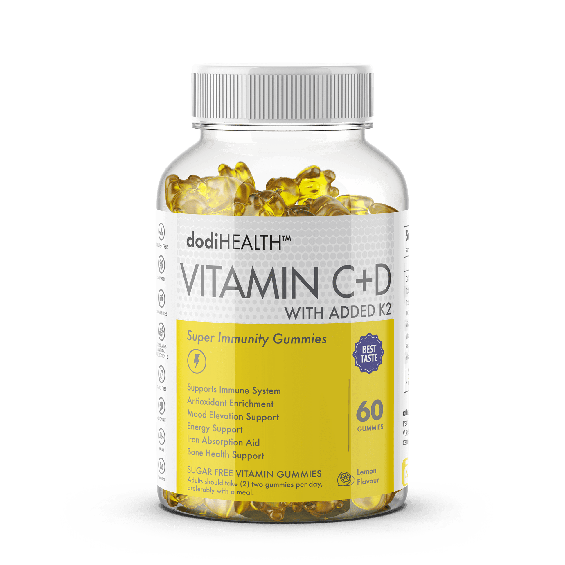 Dodi Health Vitamin C+D immunity gummies with added K2, sugar-free, supports immune and bone health, lemon flavor.