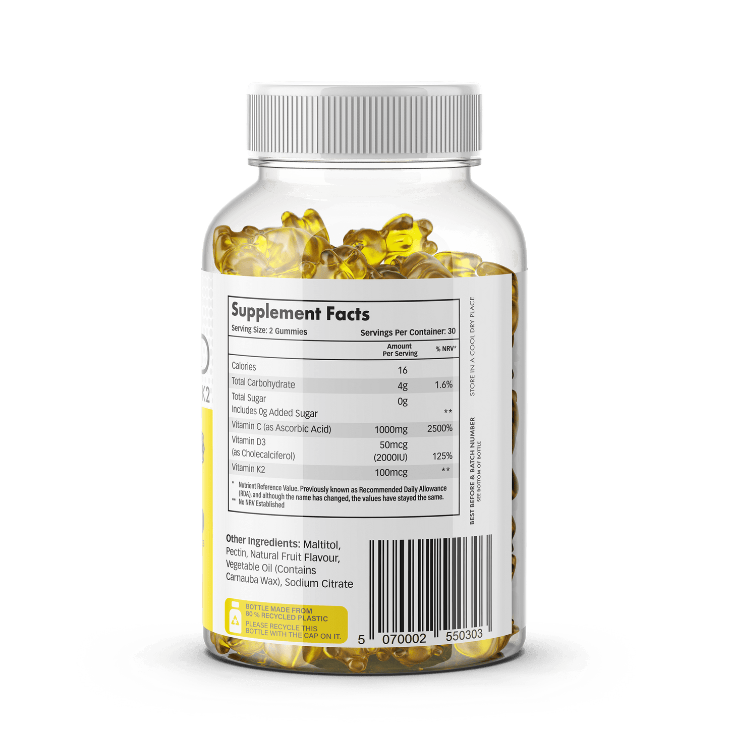Dodi Health Immunity Gummies bottle showing supplement facts and ingredients for immune support, including Vitamin C, D3, and K2.