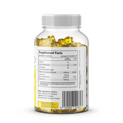 Dodi Health Immunity Gummies bottle showing supplement facts and ingredients for immune support, including Vitamin C, D3, and K2.