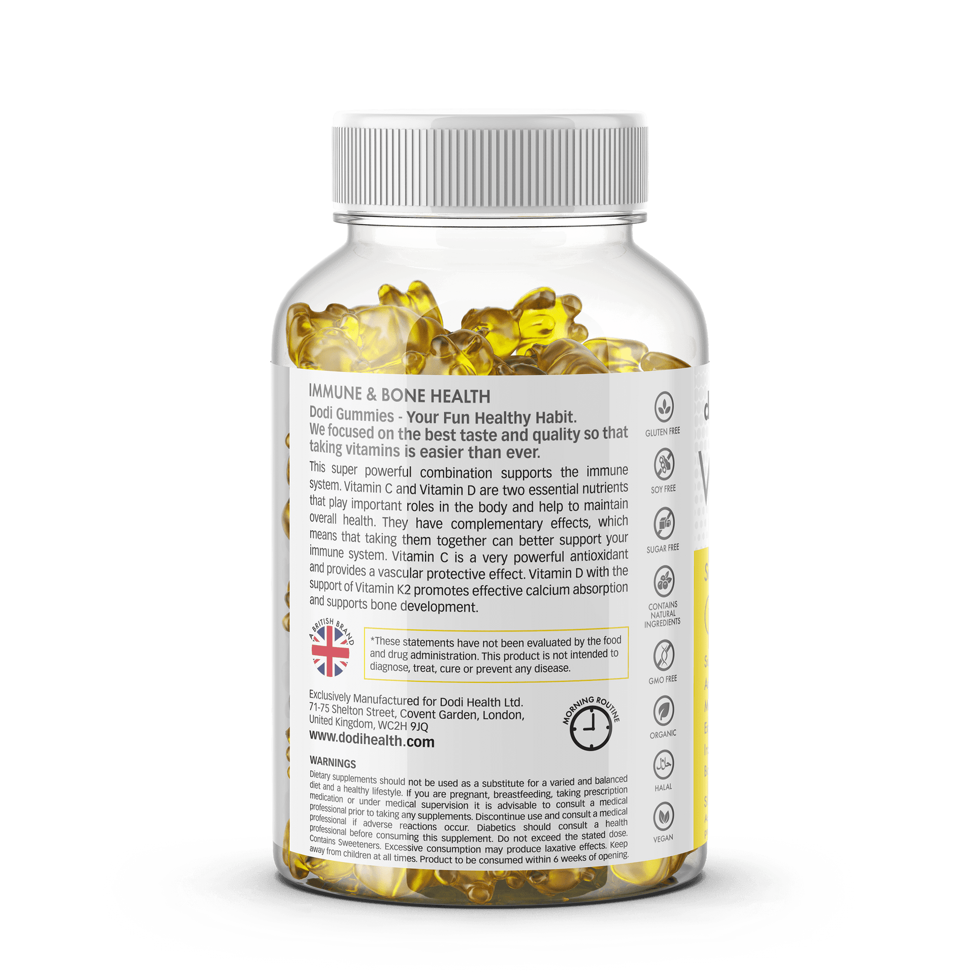 Dodi Health Immunity Gummies bottle featuring key nutrients for immune and bone health support.