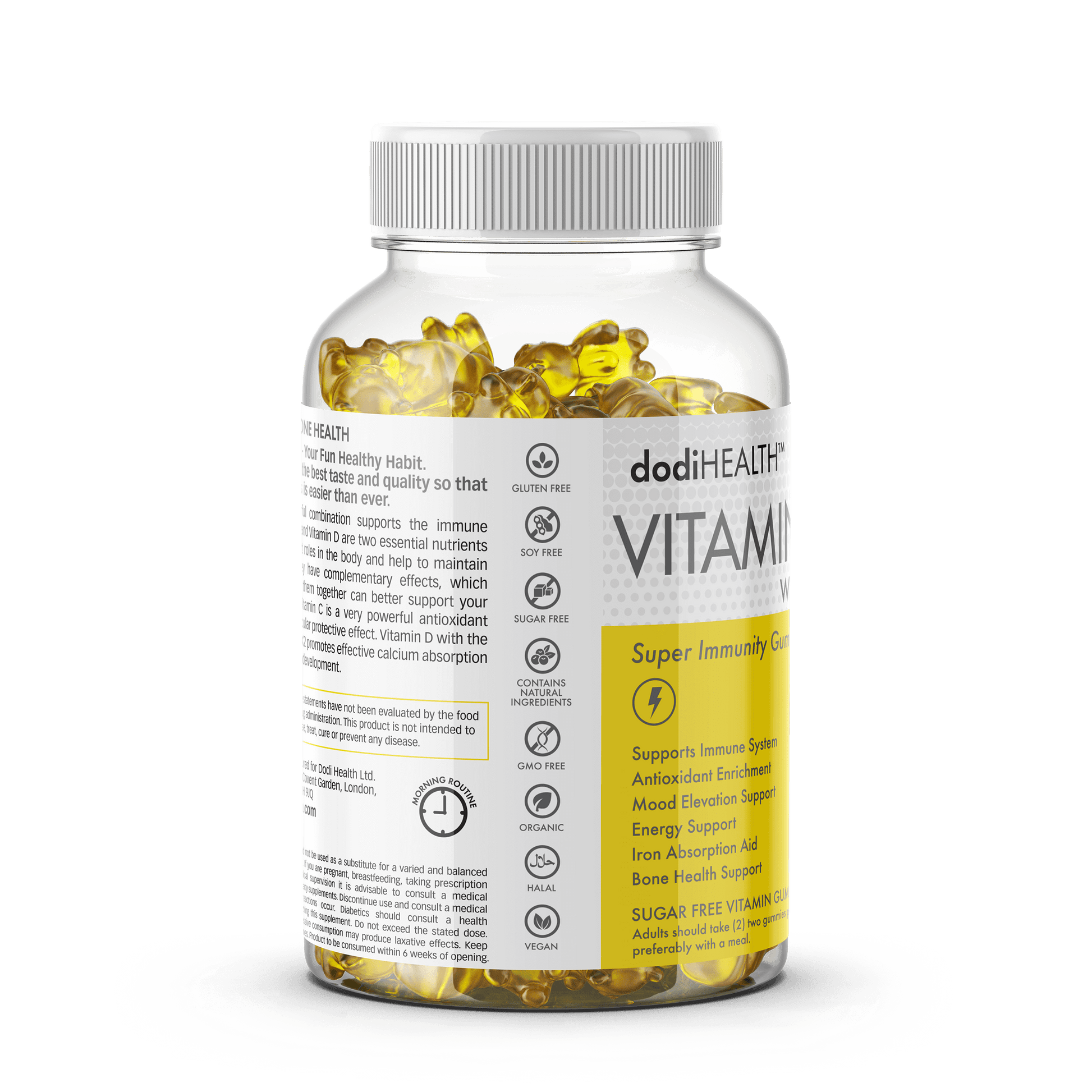 Dodi Health Immunity Gummies bottle showcasing sugar-free vitamin blend for immune support and bone health.