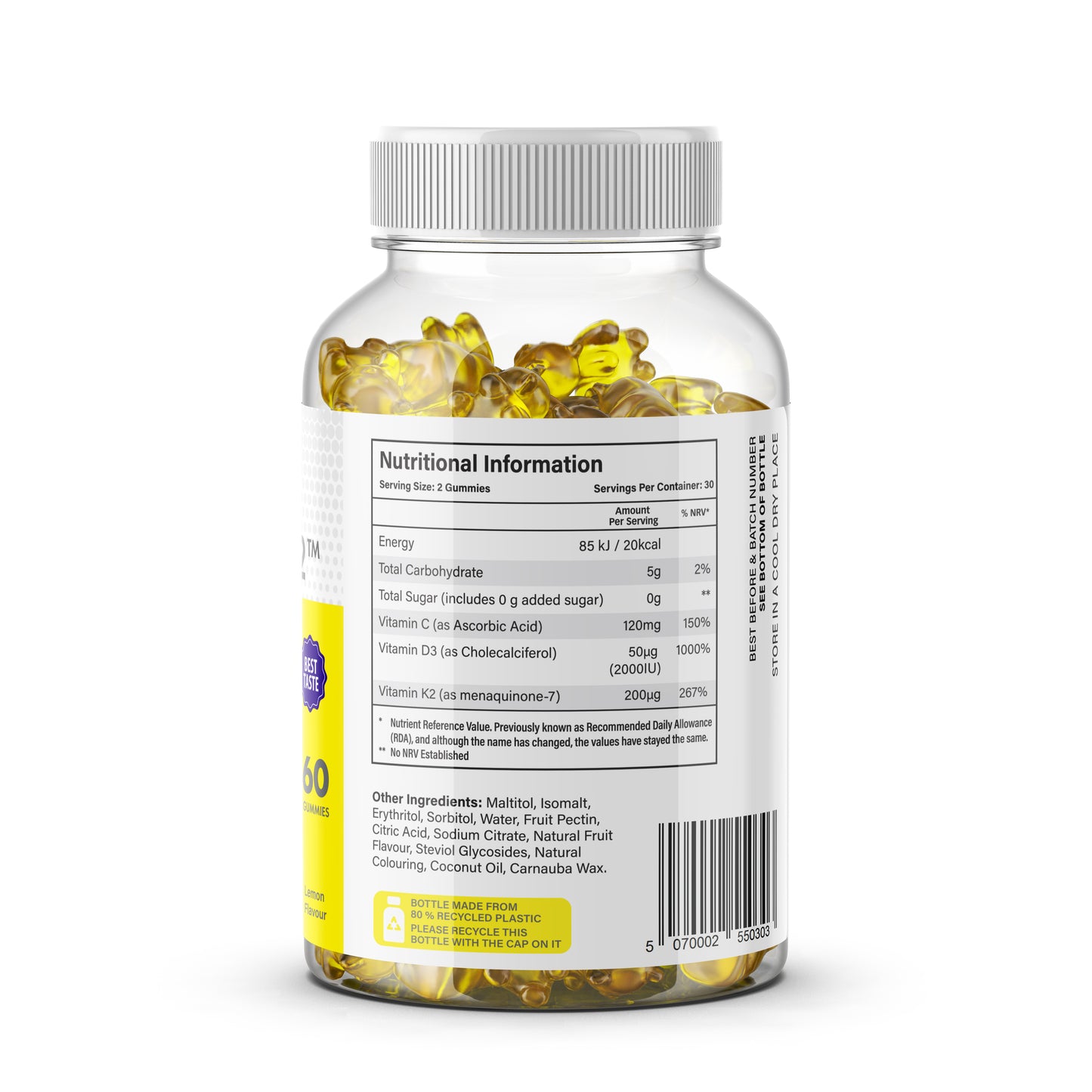 Immunity Gummies ingredients and nutrition label with Vitamin C D3 K2