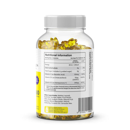 Immunity Gummies ingredients and nutrition label with Vitamin C D3 K2