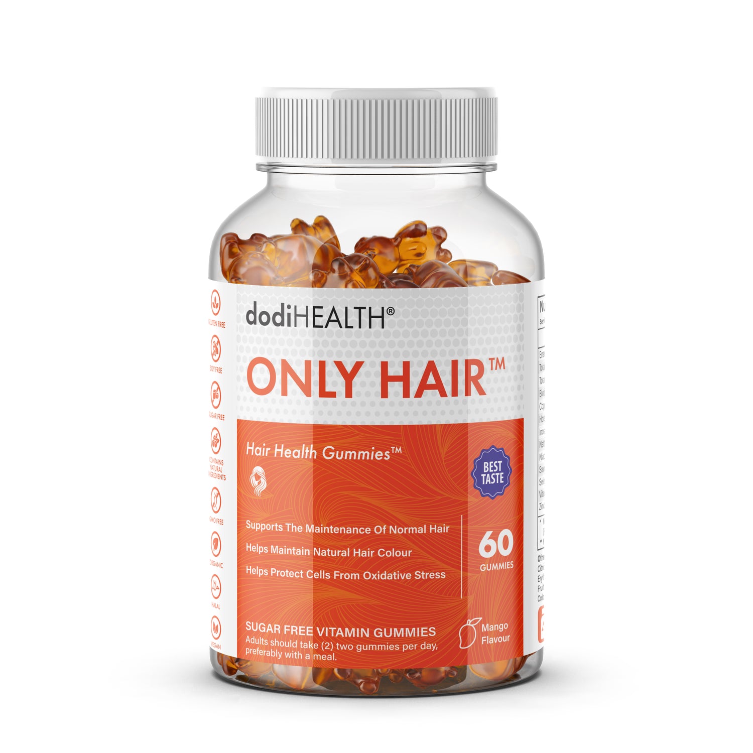 Only Hair Gummies bottle, mango flavor, 60 gummies, supports healthy hair growth and vitality.