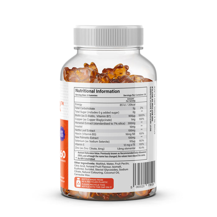 Only Hair Gummies nutrition label on bottle showcasing ingredients and serving information for hair health.